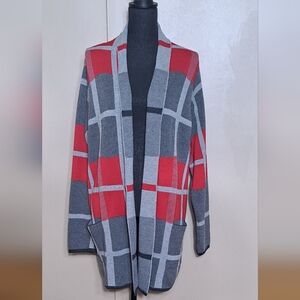 LEO & NICOLE RED & GRAY PLAID CARDIGAN SWEATER JACKET WITH POCKETS SIZE 1X NWT